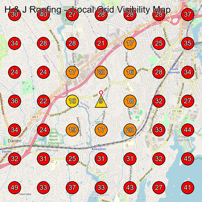 H & J Roofing GeoGrid visibility map for Roofing Contractor in Norwalk